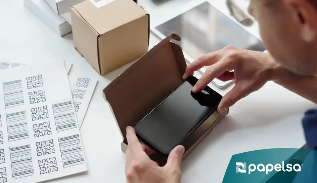 mpaque de teléfono móvil en caja de cartón corrugado con etiquetas de envío, ideal para logística y protección de productos.