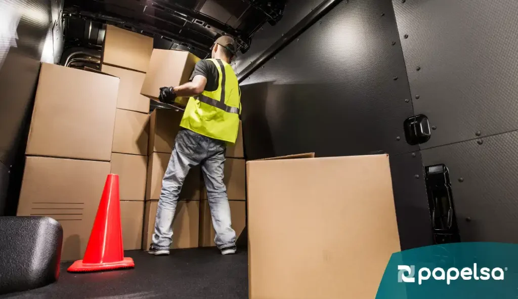 Trabajador cargando cajas de cartón corrugado para distribución y logística.