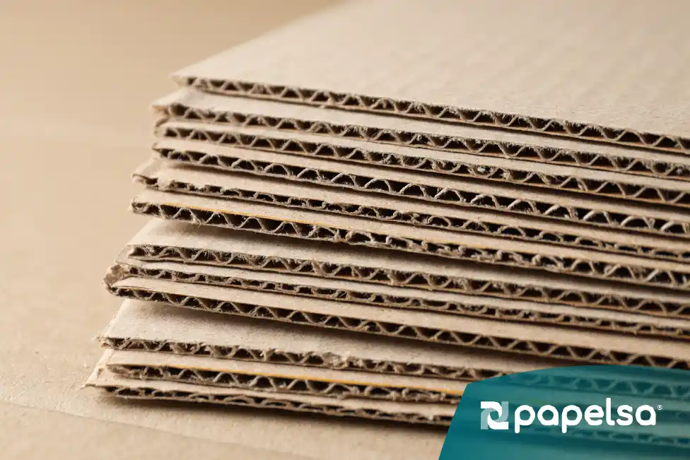 Planchas de cartón corrugado para empaque sostenible, dispuestas en capas sobre mesa.
