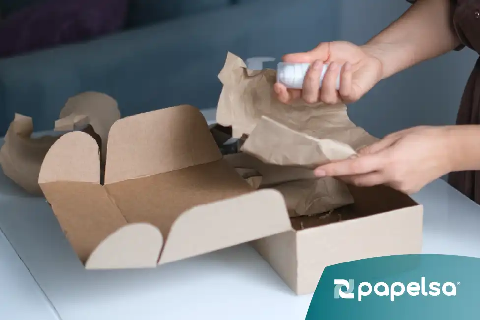 Persona revisando las normas de empaque para exportación mientras recibe indicaciones, con cajas de cartón.