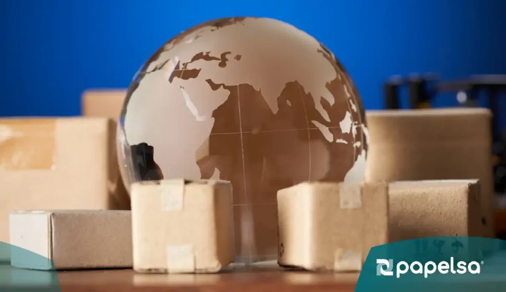 Globo terráqueo de cristal rodeado de cajas de cartón pequeñas sobre una superficie, con fondo azul.