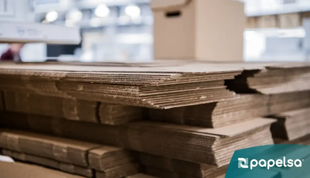 Pilas de cartón corrugado apilado en una fábrica o almacén de empaques, listo para ser ensamblado en cajas.