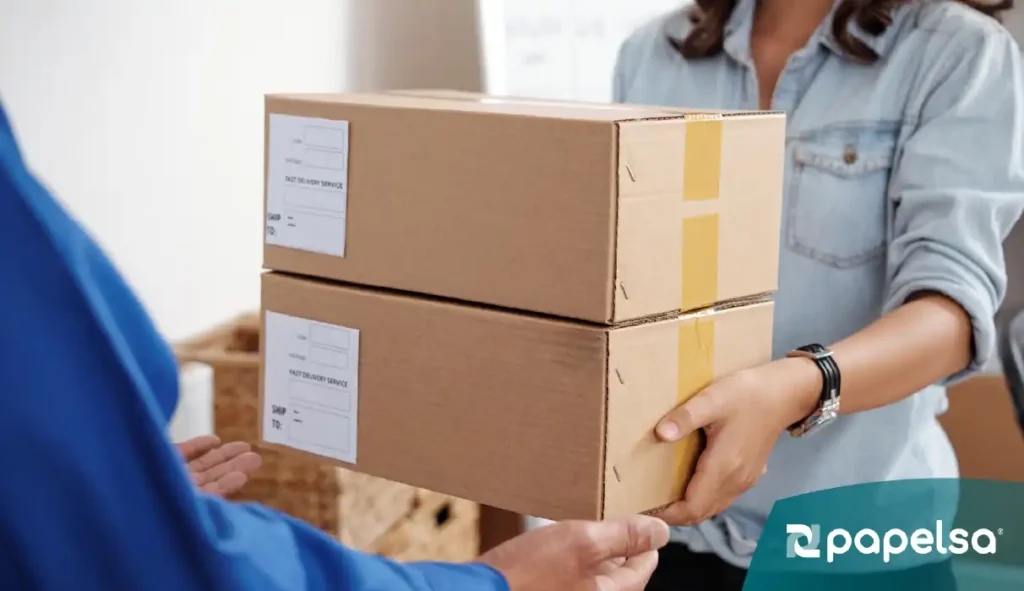 Persona entregando dos cajas de cartón etiquetadas y selladas con cinta amarilla a un repartidor.