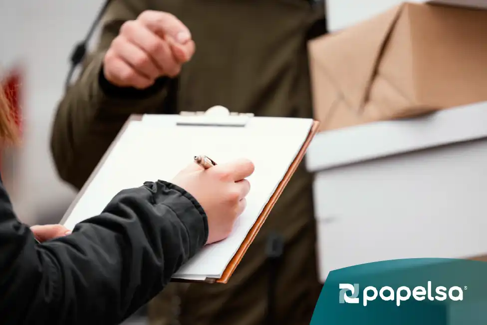 Persona revisando las normas de empaque para exportación mientras recibe indicaciones, con cajas de cartón.