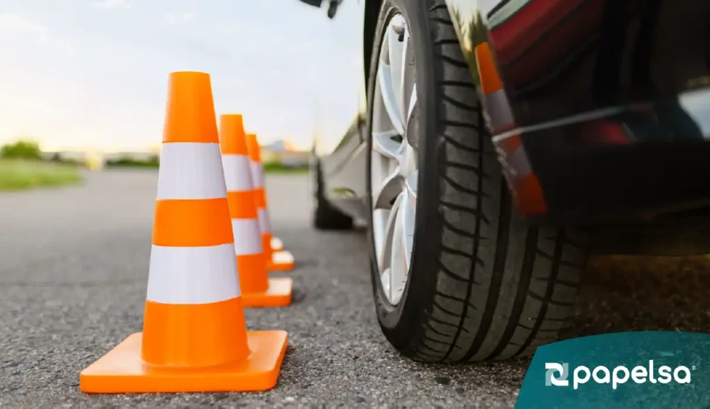Automóvil visto desde la parte trasera de la rueda junto a conos de tráfico naranjas en una vía asfaltada.