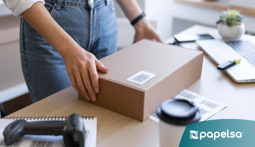 Caja de cartón con código de barras para trazabilidad de productos en el proceso de empaque.