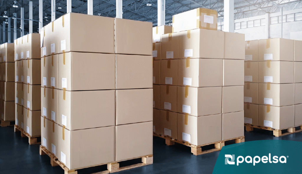 Cajas de cartón almacenadas en pallets para procesos de trazabilidad y control logístico.