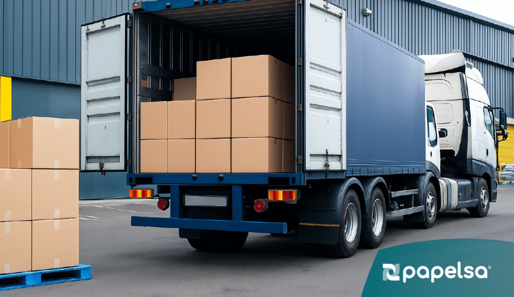 Camión de carga azul con cajas de cartón apiladas en su interior, estacionado frente a un almacén industrial.