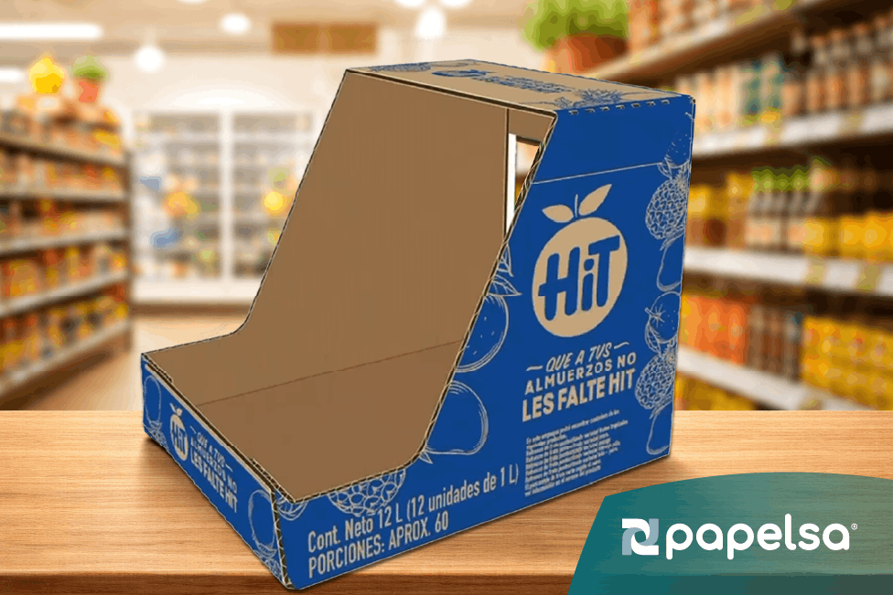 Empaque SRP de cartón corrugado para jugos Hit de Postobon fabricado por Papelsa