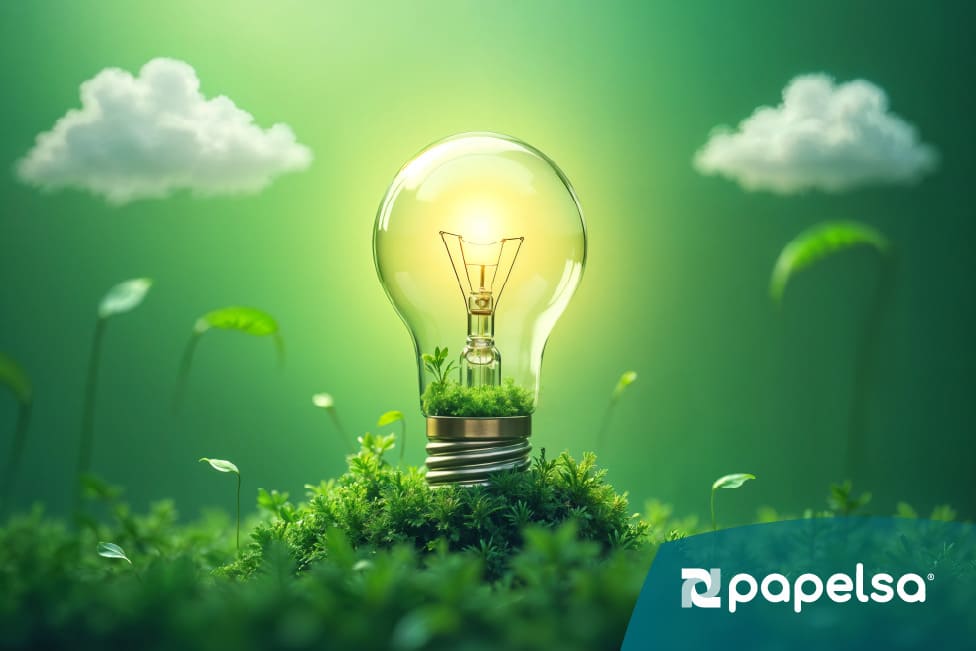 Bombilla sobre vegetación representando eficiencia energética en la industria y sostenibilidad industrial.