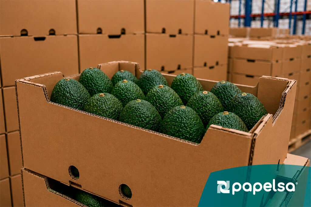 Cajas de cartón corrugado con aguacates listos para exportación, apiladas en bodega logística.