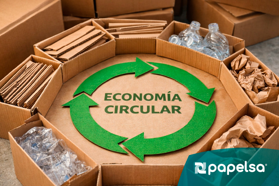 Representación de economía circular con cajas de cartón corrugado y materiales reciclables organizados en ciclo de reutilización.