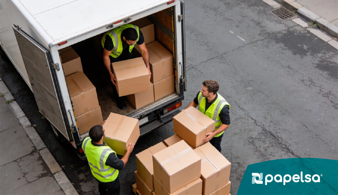 Dos trabajadores con chalecos reflectivos cargando cajas de cartón en un camión de distribución.