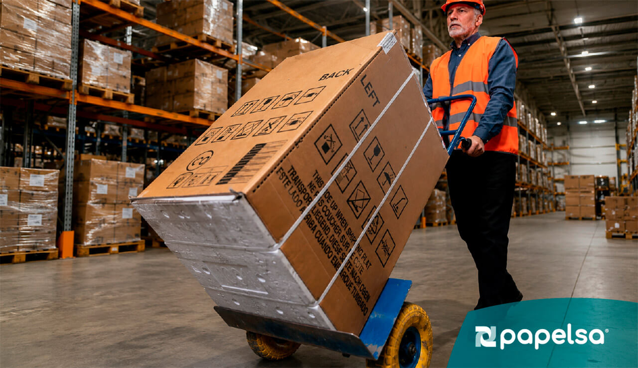Operario transportando caja grande de cartón corrugado en carretilla dentro de bodega industria